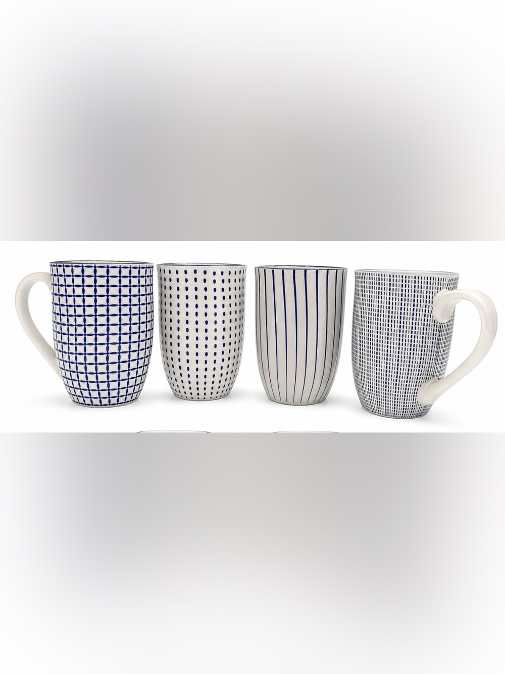 Set of 4 Blue and White WAYFAIR Patterned Ceramic Latge Coffee Mugs